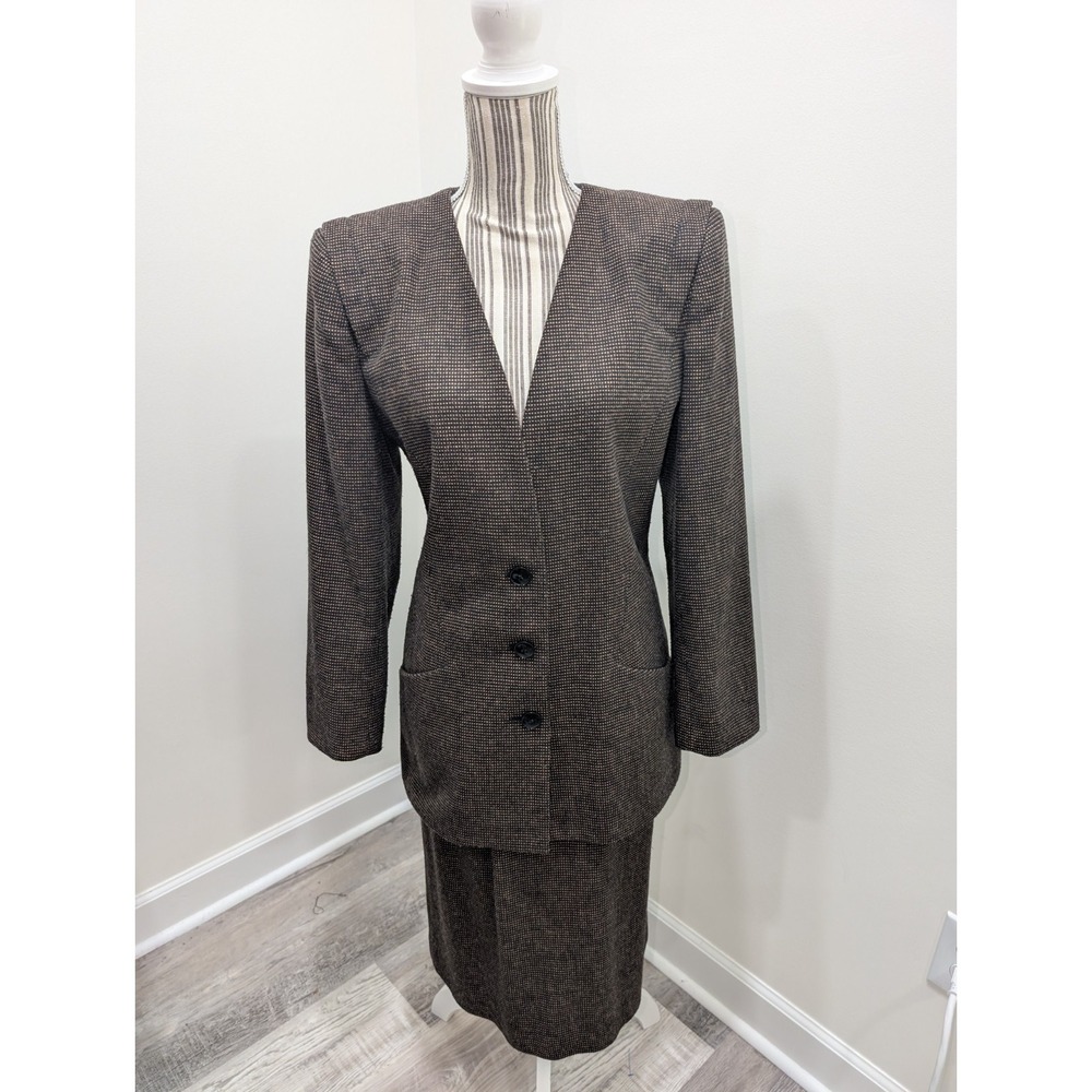 Women's Two-Piece Skirt Suit Set Vintage Wool Blend Houndstooth   Size 12 Preppy